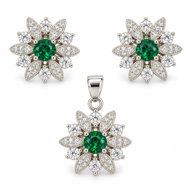 Set din argint cu zirconiu verde – Flori – JSIS2284