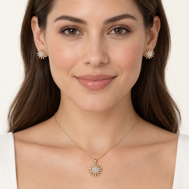 Set din argint cu zirconiu și motiv solar purtat de model – JSIS2233