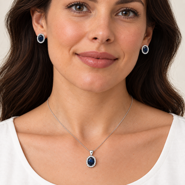Set din argint cu zirconiu albastru – Oval – ilustrație de purtare pe model