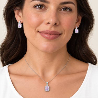 Set din argint cu zirconiu roz – Dreptunghi – ilustrație de purtare pe model